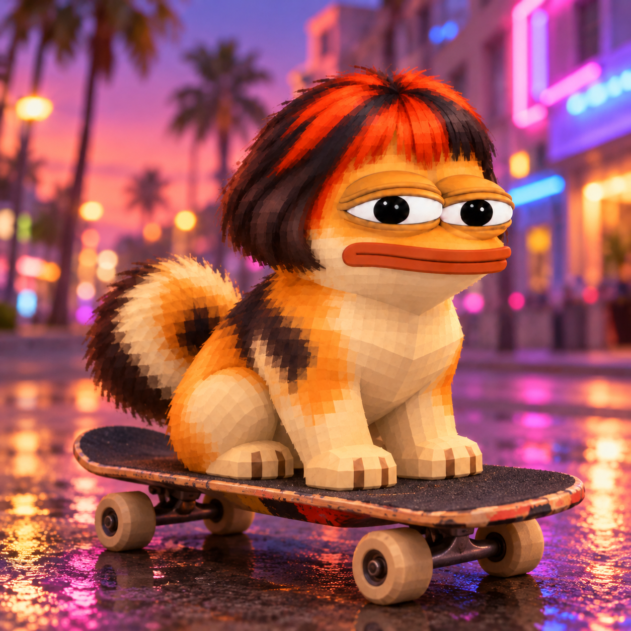 Claudia DoPe skateboarding through a neon city at night